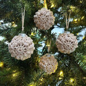 Set of 4, Hand Made Off White Crochet Christmas Tree Ornaments, Bulbs, 2.75"